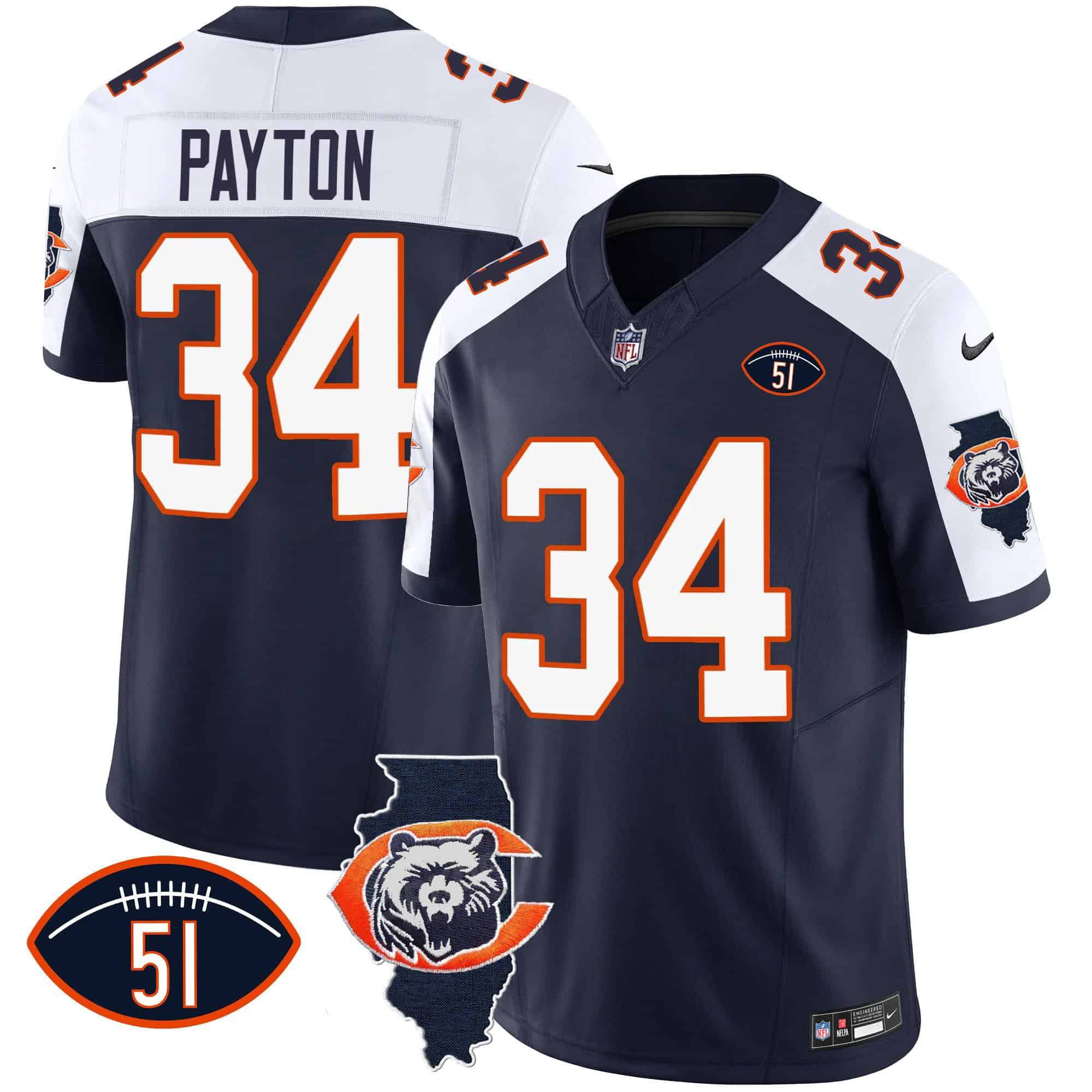 Men Chicago Bears #34 Payton Blue 2024 Nike Throwback Illinois Patch Vapor NFL Jersey